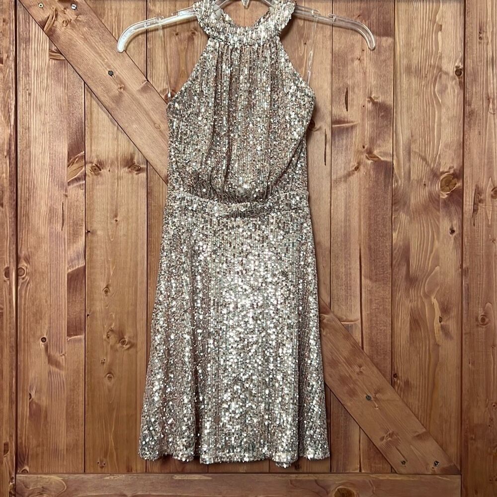 Love Nickie Lew Women's Sequin Halter Neck Mini Dress Tan Size XS NWOT